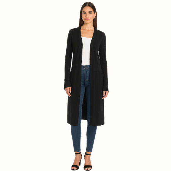 White House Black Market Long Line Cardigan in Black – EUC Size Medium - Picture 1 of 3